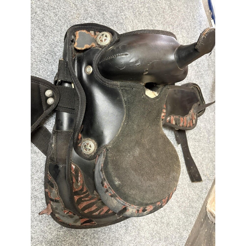 Kids Western 12 In Saddle Black Leather Suede Seat Star Conchos Childrens Pony